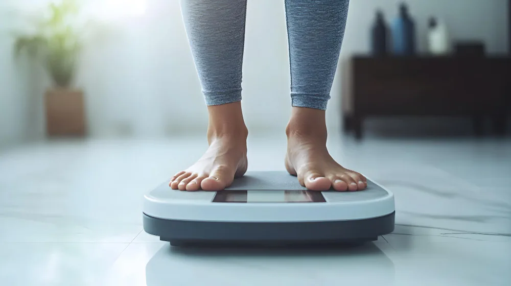 Person standing on a weighing scale during weight monitoring